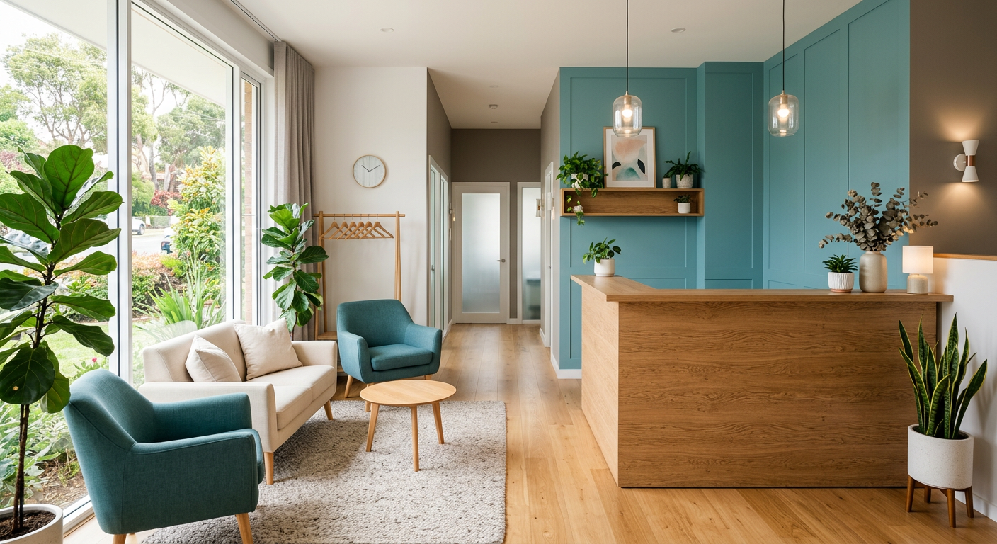 Welcoming dental clinic reception area with timber desk and plants